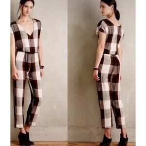 The Odells Plaid Check 100% Linen Jumpsuit Brown V-Neck Anthropologie ANTHRO S
